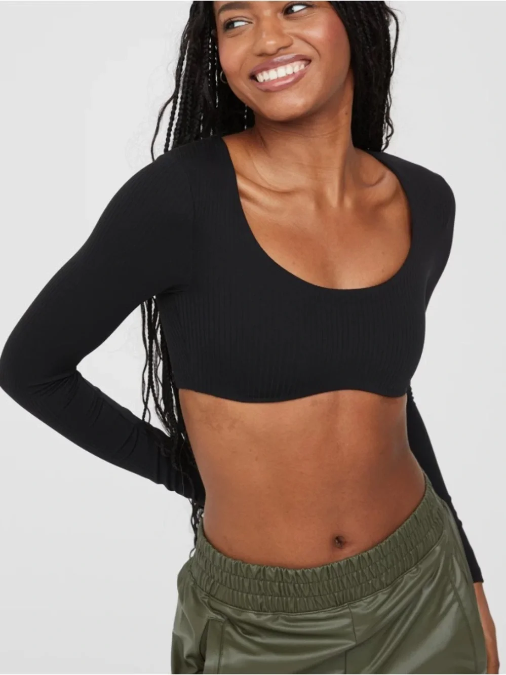 Aerie Offline Real Me Super Cropped Long Sleeve Bra Top ribbed black Sz L